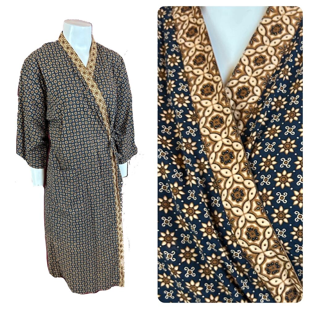 Vintage Batik Keris Indonesian Batik Wrap Robe Dress Kimono Pockets S/M -
